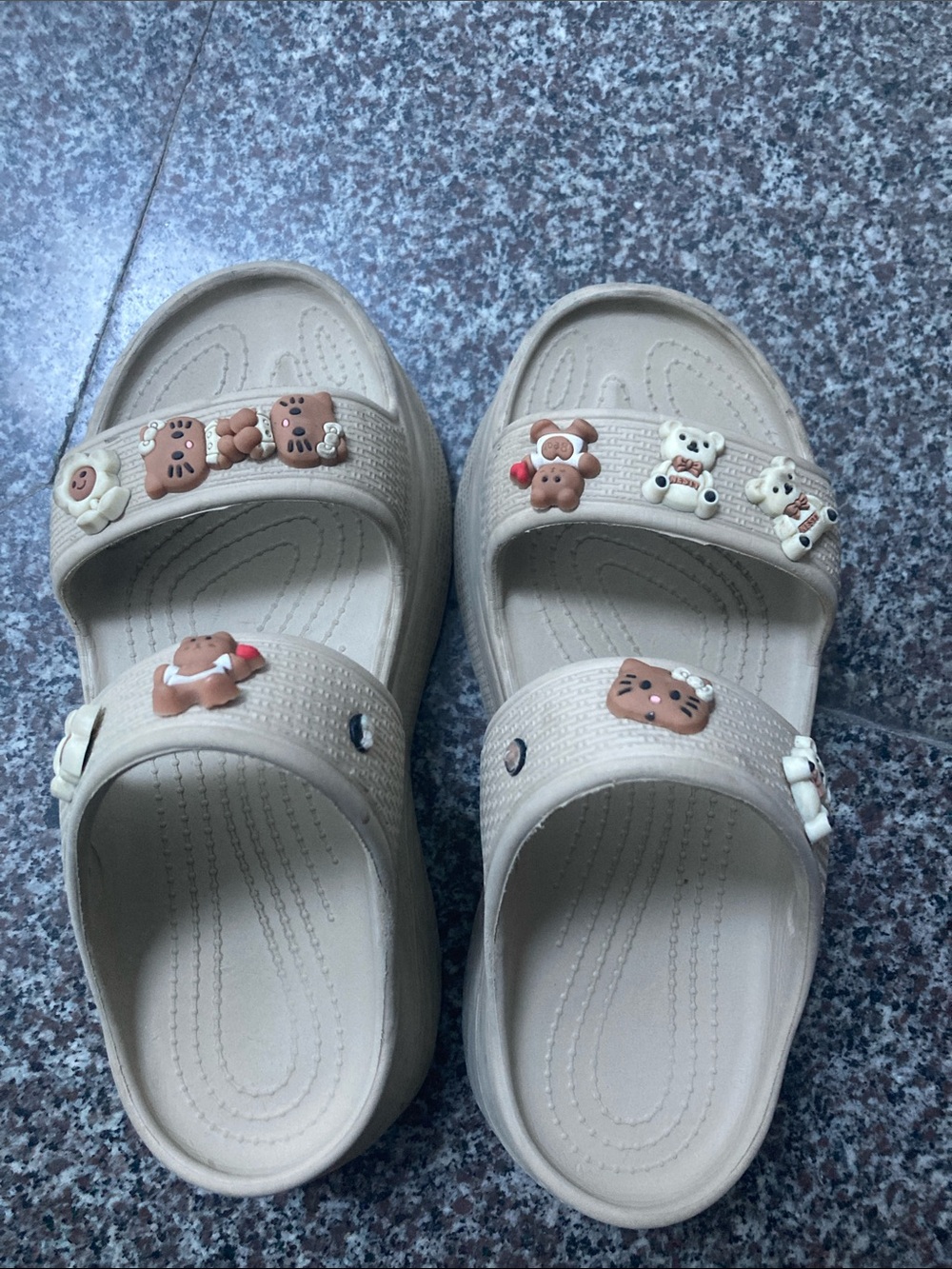 Kids Beige Slide Sandals with Playful Bear Charms